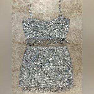 Revolve - SAYLOR Persephone Top & Mini Skirt Sequin Set in Platinum